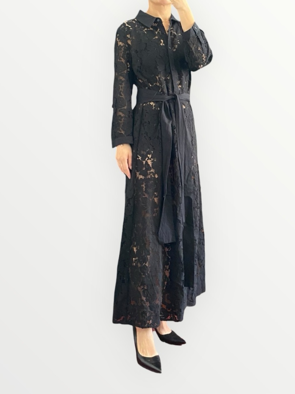 Zara Black Lace Collared Waist Tie Long Dress Size L - Picture 4 of 13